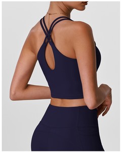 Women's Navy <b>Blue</b> 2-Piece Yoga Set Square Neck Spaghetti Strap Crop <b>Top</b> High Waist Full Length Seamless Leggings Spandex - Product Image 6