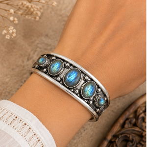Handcrafted Gemstone Cuff <b>Bracelet</b> Brass Silver Plated Multi Stone Bangle Gothic <b>Boho</b> Statement Jewelry Custom Stone Options - Product Image 5