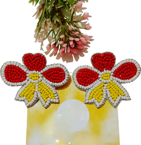 Colorful Bow Seed Bead Drop <b>Earrings</b> Red Yellow Heart <b>Top</b> Design Custom Size Festive Statement Jewelry Party Wear Fashion - Product Image 3