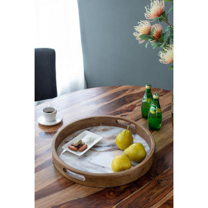 Plateau de service rond en bois de haute qualité, fabriqué à la main, avec cadre blanc, solide, durable, décoratif Art Déco - Product Image 6