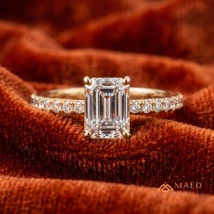 High Quality 14K Gold Pave Band <b>Emerald</b> Cut Zircon <b>Ring</b> | Classic <b>Silver</b> Gold Plated Bridal Wedding <b>Ring</b> - Product Image 1