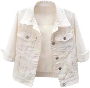 Chaqueta vaquera blanca para mujer, estilo camionero, de otoño, ecológica, transpirable, cortavientos, acolchada, de manga larga, tres cuartos, de nailon - Product Image 1