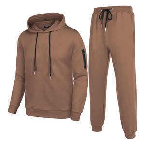 Mens <b>Brown</b> Hooded Tracksuit Solid Color Full Length Casual Sweatshirt And <b>Joggers</b> With Side Pockets Drawstring Closure - Product Image 1