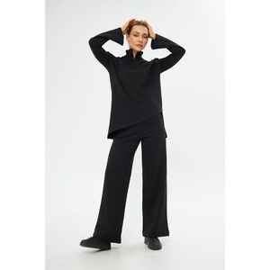 Ensemble 2 pièces pour femmes, col roulé noir en tricot, manches longues, coupe ample, pantalon long uni minimaliste, tenue haut et bas - Product Image 4