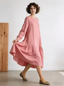 เดรสผ้าฝ้ายลินินสไตล์มินิมอลสำหรับผู้หญิง สีฟ้าอ่อน ทรงหลวม แขนยาว - Product Image 2