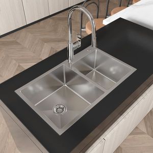 Lavello da cucina a doppia vasca da incasso in acciaio inox satinato S304 fatto a mano, 81x48x25 cm, per villa, spesso, lavabile in lavastoviglie - Product Image 5