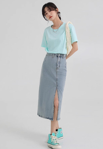 Jupe courte en jean urbaine pour femme, coupe classique, décontractée, basique, en denim, longueur genou, avec ceinture, vente en gros - Product Image 4