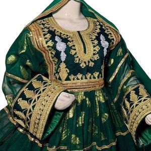 <b>Emerald</b> Green Chiffon Embroidered Three Piece <b>Dress</b> Soft Fabric Boutique Wholesale Traditional Afghan Frock Sets - Product Image 2