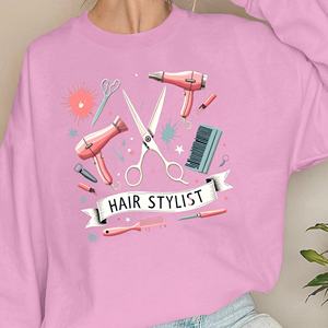 เสื้อสเวตเชิ้ตพิมพ์ลายลำลองสำหรับช่างทำผมผู้หญิง ดีไซน์ลายอุปกรณ์ทำผม - Product Image 3