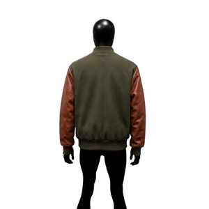 Veste universitaire personnalisée en satin olive avec manches en cuir marron, veste bomber de baseball haut de gamme pour homme, soldes mode - Product Image 2