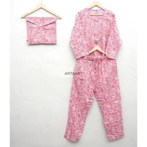 Ensemble de pyjama en coton 100% pour femmes, imprimé floral, manches longues, col rond, vêtements de nuit décontractés pour l'été et le printemps - Product Image 2