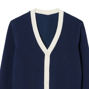 Cárdigan de Punto para Mujer, Color Azul Oscuro, con Bloques de Color, Cuello en V, Botones, Estilo Preppy, Manga Larga - Product Image 2