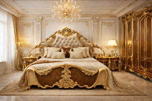 Ensemble de lit de luxe de style persan avec feuilles dorées sculptées, lit capitonné blanc baroque de luxe avec tables de chevet, acheter des meubles de chambre à coucher en ligne au Royaume-Uni - Product Image 5