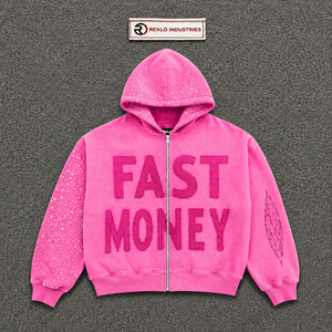 เสื้อฮู้ดซิปสีชมพูสดสำหรับผู้ชาย ลายกราฟิก FAST MONEY ทรงโอเวอร์ไซส์ ผ้าฟลีซ แขนประดับคริสตัล สไตล์สตรีทแวร์ แฟชั่นลำลอง ผ้าเฟรนช์เทอร์รี่ - Product Image 5