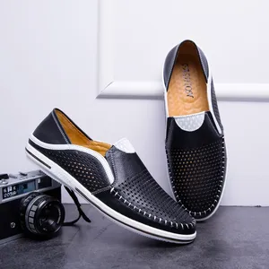 Chaussures décontractées pour hommes en cuir véritable, mocassins d'été respirants à enfiler, chaussures de conduite ajourées pour hommes - Product Image 3