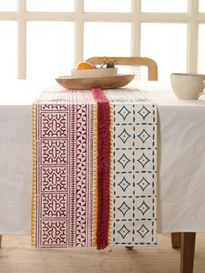 Double Layer Premium Slub <b>Canvas</b> Block <b>Printed</b> Table RunnerFloral Table Runner Tassel Woven Damask Style Maroon Dining - Product Image 3