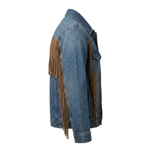 Veste en jean bleue personnalisée avec franges en daim, fabricant OEM de vêtements western, fournisseur d'usine de vêtements d'extérieur vierges en gros - Product Image 3