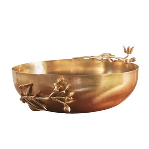 Elegante tazón de metal con asa de diseño floral dorado, plato de servir decorativo de diseño clásico para la mesa de la cocina del hogar. - Product Image 2