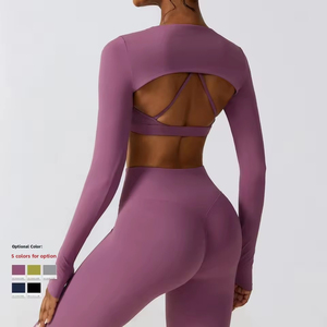 Ensemble de yoga sans couture pour femme : Leggings taille haute longs et brassière de sport à dos croisé à manches longues, couleur unie, tenue de sport - Product Image 3