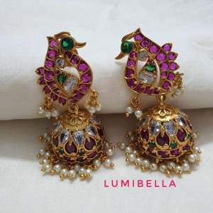 Peacock Real Kemp Jhumki Drop Earrings-Ethnic Pearl Turquoise Brass Alloy Jewelry for Wedding Party Gift - Product Image 3