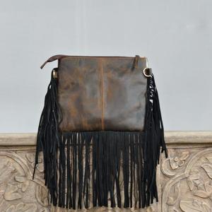 Bohemian Genuine Leather <b>Shoulder</b> Bag With Animal Print Tassel Decoration Single <b>Strap</b> Zipper Closure All Seasons Daily Use - Product Image 2