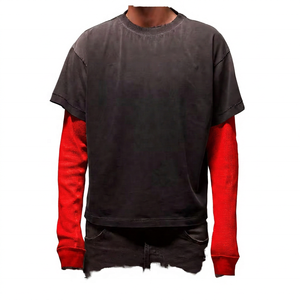 T-shirt Homme Oversize à Manches Courtes, Manches Contrastantes, Tricoté 100% Coton, Col Rond, Style Urbain, Couleur Unie, Respirant - Product Image 2