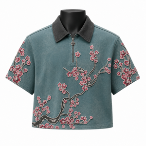 เสื้อโปโลผู้ชายปักลายดอกไม้ แขนสั้น สไตล์ลำลอง สตรีทแวร์ คอปกตัดสี ดีไซน์ลายดอกซากุระ - Product Image 1