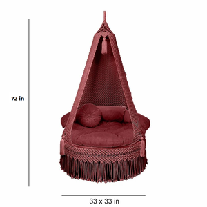 Hamac suspendu en macramé marron 72"X33" avec coussin en velours, pompons et corde pour intérieur, extérieur, jardin, chambre - Product Image 5