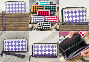 Cartera de Cuero Premium Hecha a Mano con Diseño Occidental, Color Morado con Cuadros Blancos de Diamantes, Cierre de Cremallera, con Correa para la Muñeca, para Mujer - Product Image 2