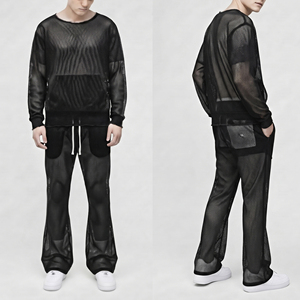 <b>Fishnet</b> Mesh Tracksuit Full Sleeve Crew Neck Loose Fit Flare Two Piece Streetwear Summer Drawstring Sheer Mesh Pants Set - Product Image 1