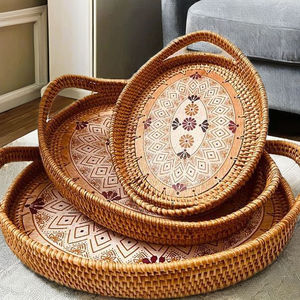 Plateau de service en rotin incrusté de nacre, artisanal et de haute qualité, design unique d'Inde, nouveau produit en bois - Product Image 6