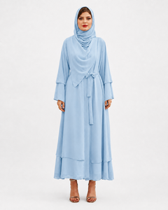 2026 Ladies Long Floor Length Full Sleeve Double Layer <b>Belted</b> <b>Abaya</b> Plain Polyester Chiffon Caftan Women Wear - Product Image 1
