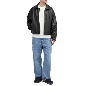 Veste en cuir véritable pour homme, décontractée, à fermeture éclair, à carreaux/uni, col en V, coupe-vent, streetwear, manches longues, automne-hiver - Product Image 3