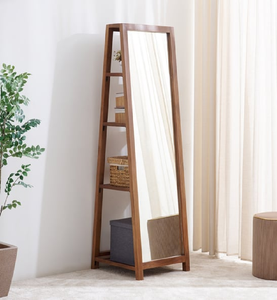 Multi-functional full length mirror integrated with a wooden side <b>shelving</b> storage rack, available at wholesale prices. - Product Image 1