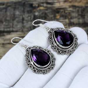 Nikhil Gems Amethyst Gemstone Drop <b>Earrings</b> Platinum Plated Peace Shape Sterling Silver 925 Handmade Jewelry Gift for Women - Product Image 6