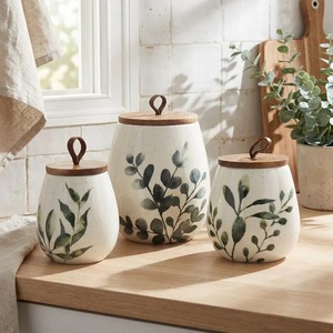 <b>Decorative</b> Ceramic Canister Set Wooden <b>Lid</b> Botanical Print Airtight Kitchen Storage Jars Elegant Counter Organizer - Product Image 4
