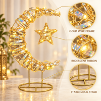 Décoration de table en forme de croissant, petite et durable, fonctionnant sur piles, avec cadre en fil doré et ruban irisé, pour la maison musulmane en période du Ramadan