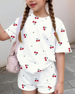 Girls 2-Piece <b>Cherry</b> Print Set Short Sleeve <b>Top</b> With Shorts Summer Outfit Cute Style - Product Image 1