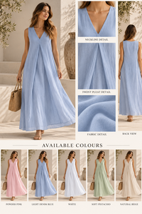 Vestido Maxi Minimalista Azul Claro de Verano para Mujer, Sin Mangas, Cuello en V, Tejido de Algodón, Uso Diario, ODM - Product Image 6