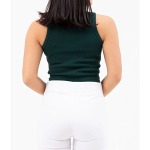 Camiseta sin mangas elástica de color sólido para mujer, con logo personalizado, cuello redondo, top tipo camisola, top de yoga ajustado para mujer. - Product Image 4