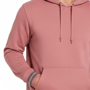 Sweat à capuche pour homme tendance et très demandé, couleur rose poussiéreuse, avec poignets rayés gris, style streetwear pour homme, sweat à capuche pull-over - Product Image 3