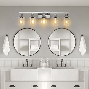 Lampada da Bagno Moderna a 5 Luci da 31 Pollici con Finitura Nichel Spazzolato e Paralumi in Vetro Trasparente per Mobili da Bagno - Product Image 1