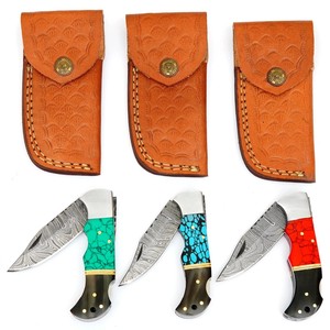 Juego de 3 cuchillos plegables de acero de Damasco con mango turquesa, funda de cuero, cuchillo de bolsillo EDC para caza y camping, cuchillo de regalo personalizado. - Product Image 4