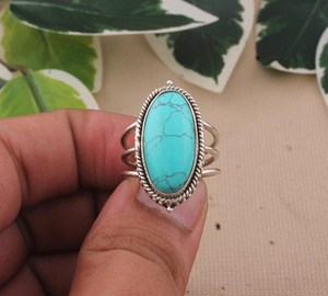 Wholesale Classic Party Long Oval Turquoise 925 Sterling <b>Silver</b> Rope Bezel Triple Split <b>Band</b> Gemstone <b>Ring</b> for Women - Product Image 1