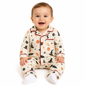 Conjunto de Pijama de Halloween para Bebés Unisex al por Mayor, Mono de Manga Larga con Estampado de Sombrero de Bruja, Telaraña y Calabaza - Product Image 1