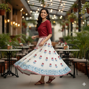 Jupe longue artisanale éthique à empiècements, 100% coton, imprimé floral, style traditionnel indien Kali, taille ajustable à nouer - Product Image 3