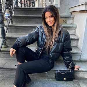 Custom-Made Winter Thick Warm Short Parkas Women Fashion Black PU <b>Leather</b> Coats Women Elegant Zipper Cotton <b>Jackets</b> - Product Image 2