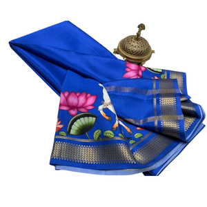 Sari en soie de style Banarasi bleu royal élégant avec bordure dorée – Idéal pour les fêtes et les mariages - Product Image 2