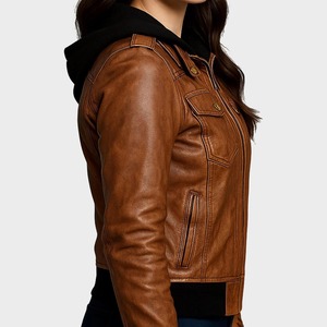 Blouson aviateur unisexe en cuir marron vieilli avec capuche amovible - Product Image 2