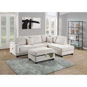 Set da Soggiorno in Velluto a Coste Avorio 3 Pezzi: Divano LAF, Chaise Longue RAF, Pouf - Divano Sezionale a L Colore Avorio - Product Image 1